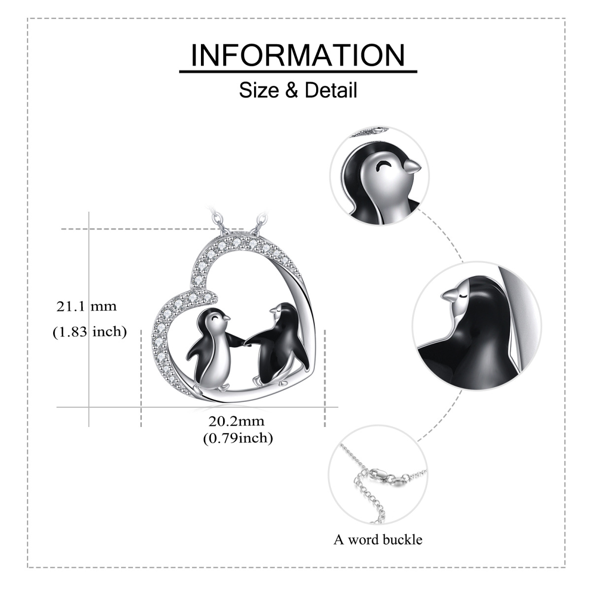 Sterling Silber Runde Cubic Zirkonia Pinguin & Herz Anhänger Halskette-6