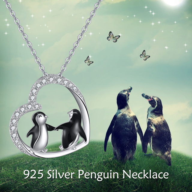 Sterling Silver Round Cubic Zirconia Penguin & Heart Pendant Necklace-2