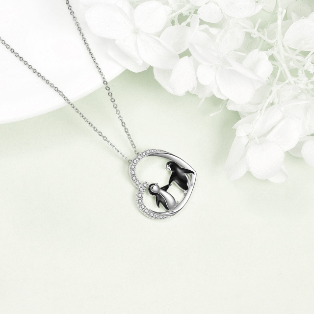 Sterling Silver Round Cubic Zirconia Penguin & Heart Pendant Necklace-4