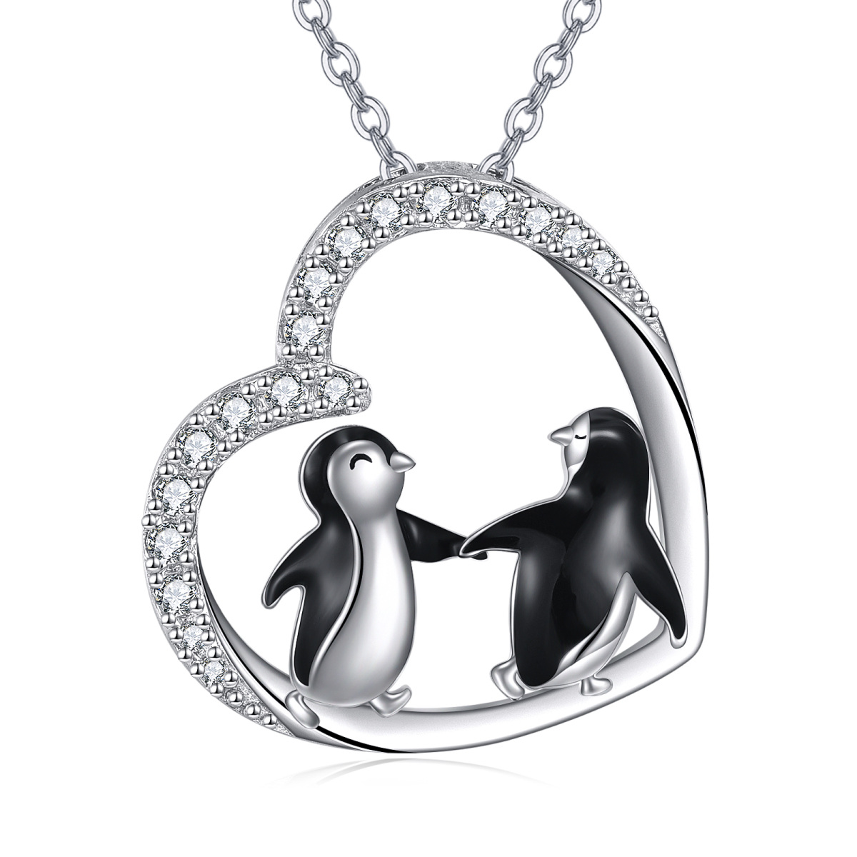 Sterling Silver Round Cubic Zirconia Penguin & Heart Pendant Necklace-1