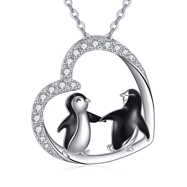 Collar de plata de ley con pingüino redondo de circonita cúbica y colgante de corazón-0