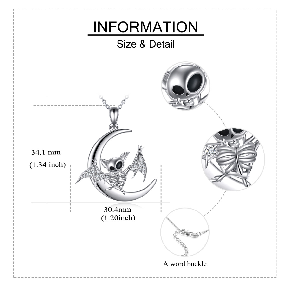 Sterling Silver Circular Shaped Cubic Zirconia Bat & Skeleton Pendant Necklace-5