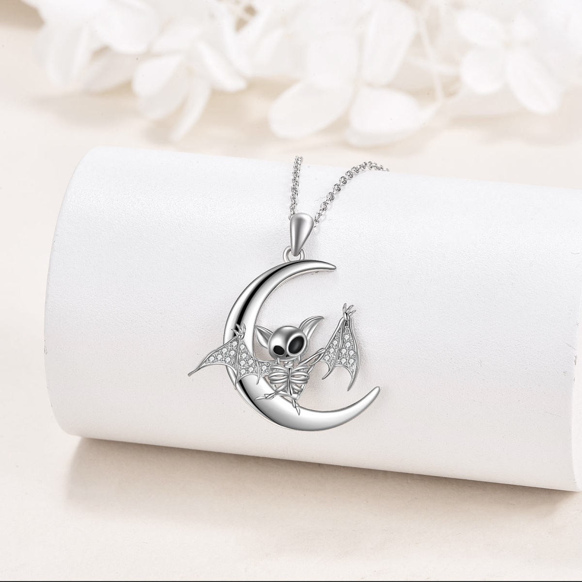 Sterling Silver Circular Shaped Cubic Zirconia Bat & Skeleton Pendant Necklace-3