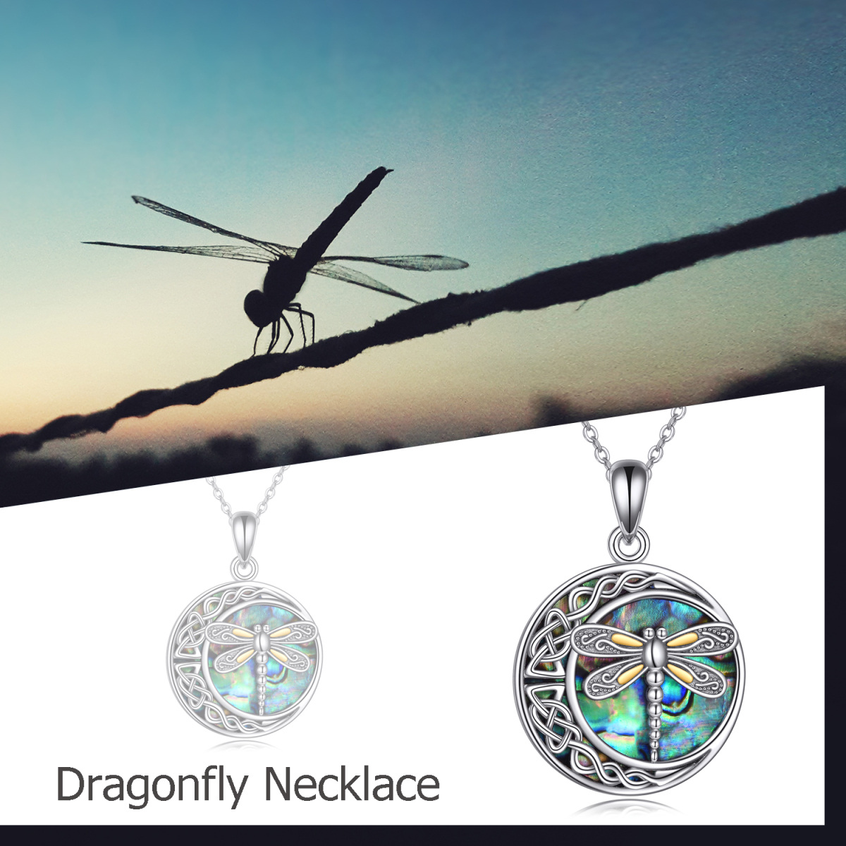 Sterling Silver Two-tone Circular Shaped Abalone Shellfish Dragonfly & Celtic Knot & Moon Pendant Necklace-6