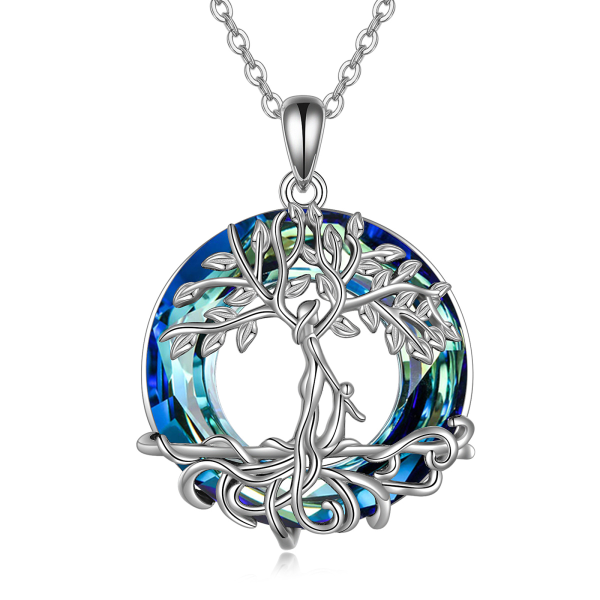 Sterling Silver Circular Shaped Crystal Tree Of Life & Mother & Daughter Pendant Necklace-1