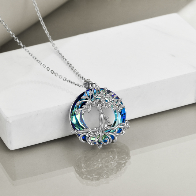 Sterling Silver Circular Shaped Crystal Tree Of Life & Mother & Daughter Pendant Necklace-3