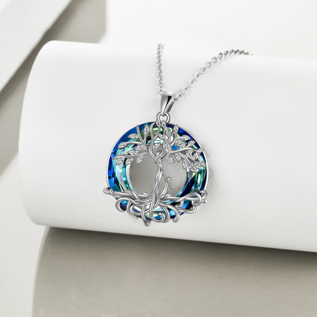 Sterling Silver Circular Shaped Crystal Tree Of Life & Mother & Daughter Pendant Necklace-2