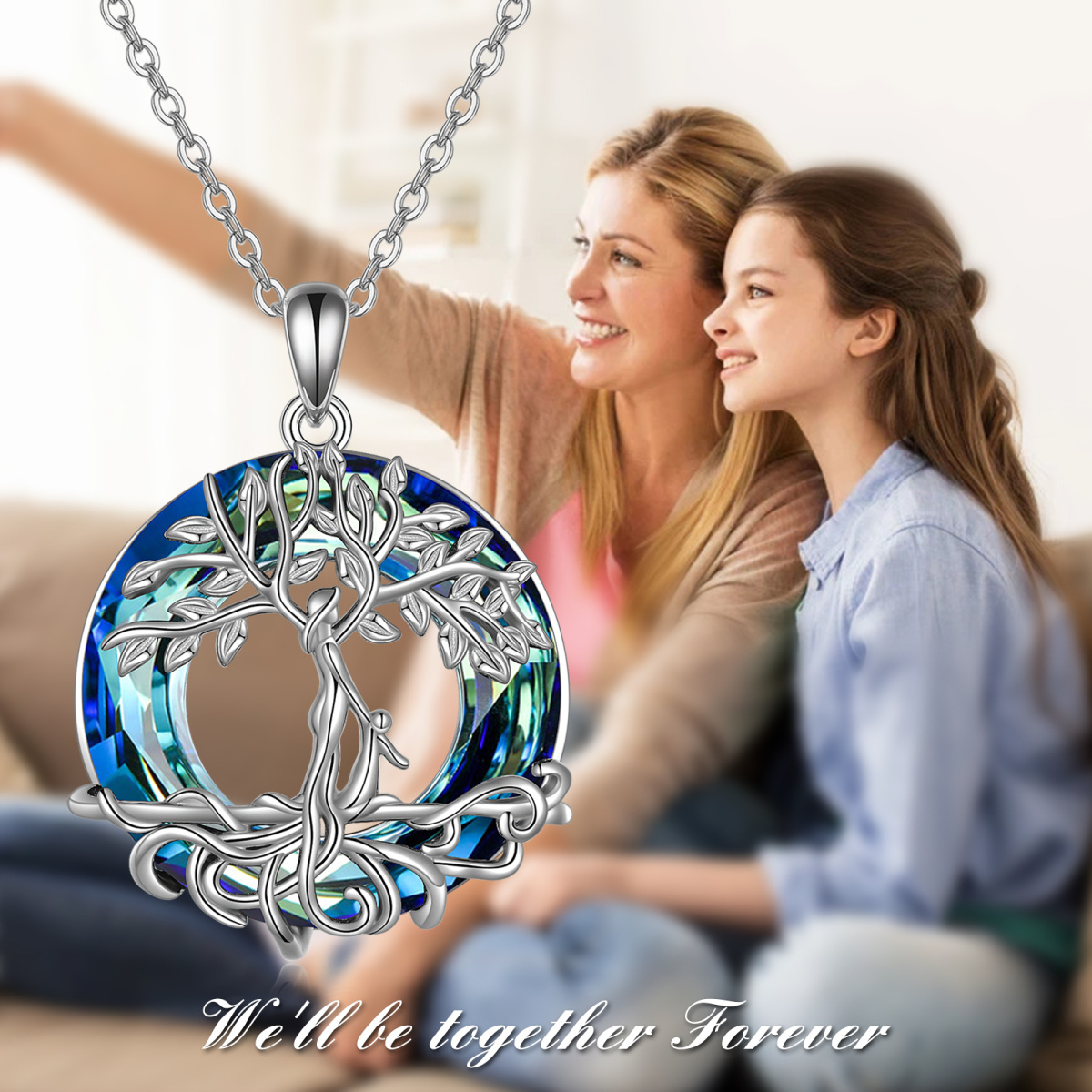 Sterling Silver Circular Shaped Crystal Tree Of Life & Mother & Daughter Pendant Necklace-6