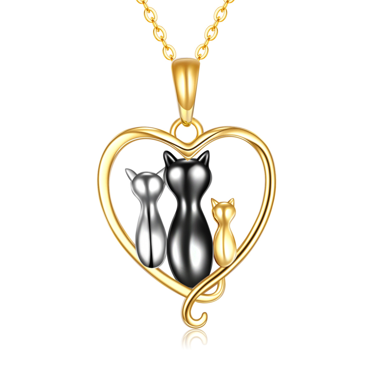 14K Gold Tri-tone Cat Family Heart Pendant Necklace-1