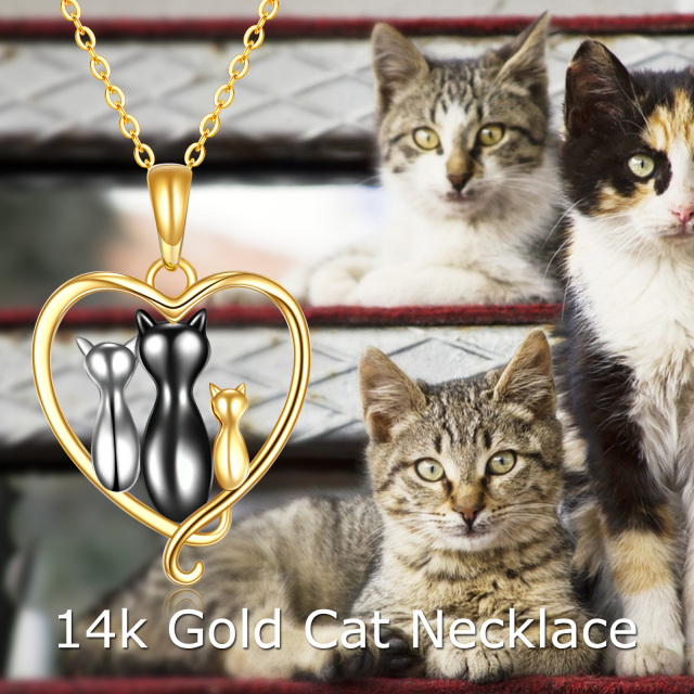 Colar com pingente de coração da família do gato em ouro 14K e três tons-4