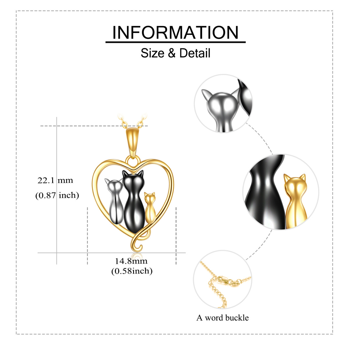 14K Gold Tri-tone Cat Family Heart Pendant Necklace-6