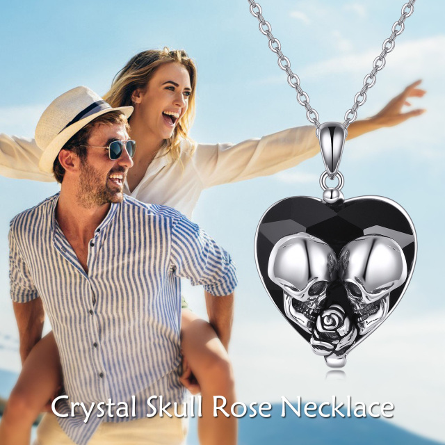 Collar colgante de plata de ley con forma de corazón rosa y corazón y calavera de cristal-5