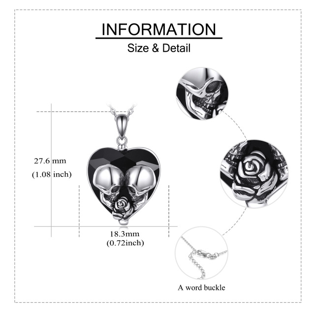 Sterling Silver Heart Shaped Rose & Heart & Skull Crystal Pendant Necklace-4