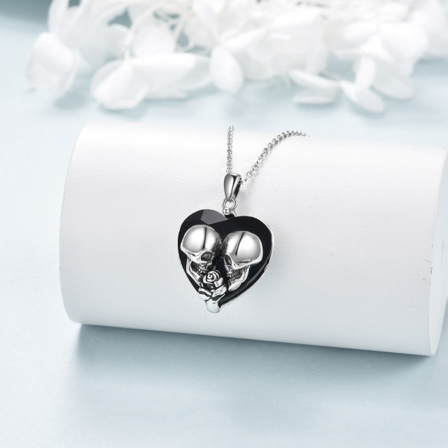 Sterling Silver Heart Shaped Rose & Heart & Skull Crystal Pendant Necklace-2