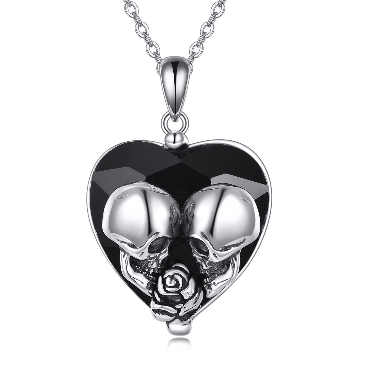 Sterling Silver Heart Shaped Rose & Heart & Skull Crystal Pendant Necklace-1