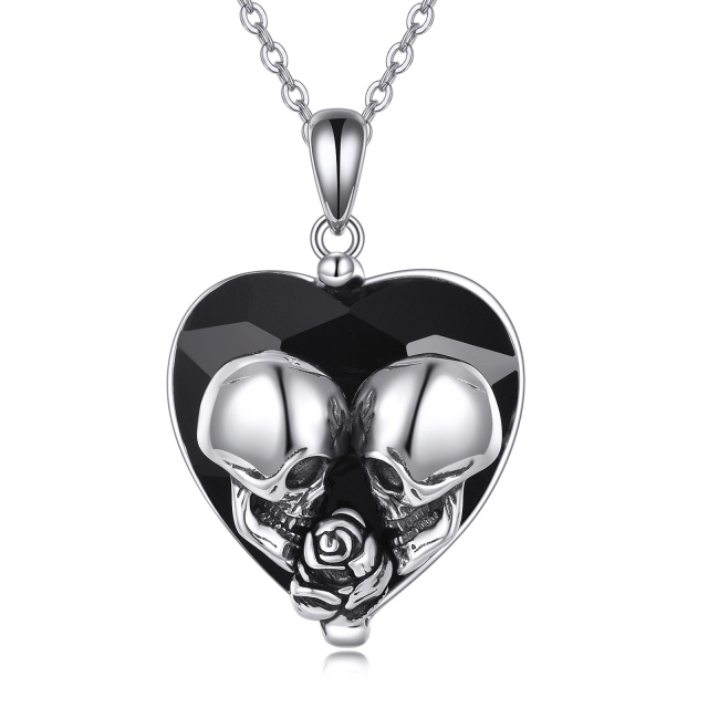 Sterling Silver Heart Shaped Rose & Heart & Skull Crystal Pendant Necklace-0