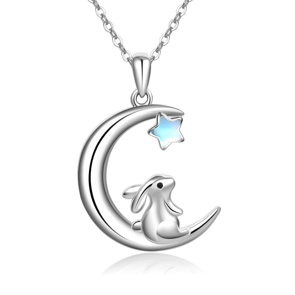 Collier en argent sterling avec pendentif Lapin et Lune en pierre de lune-1