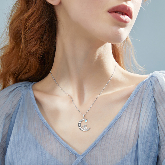 Sterling Silver Moonstone Rabbit & Moon Pendant Necklace-1