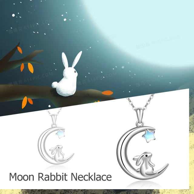 Sterling Silver Moonstone Rabbit & Moon Pendant Necklace-2