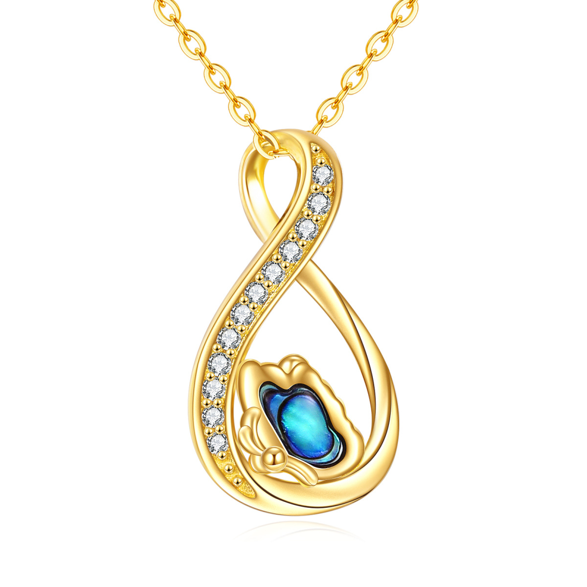 14K Gold Abalone Shellfish & Cubic Zirconia Butterfly & Infinity Symbol Pendant Necklace-1