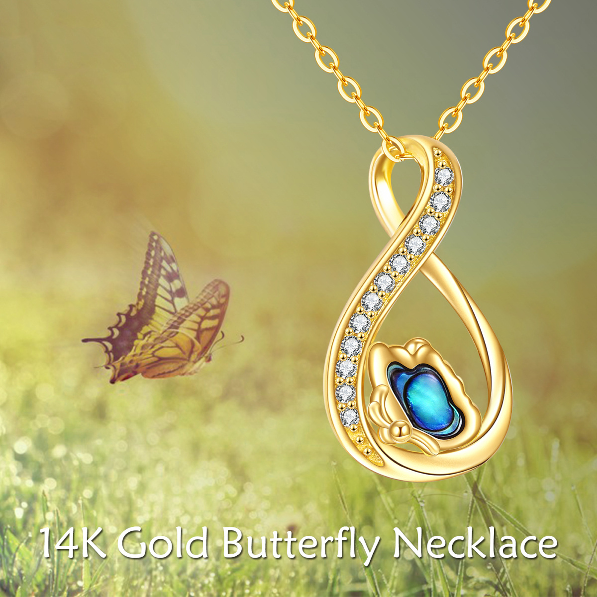 14K Gold Abalone Shellfish & Cubic Zirconia Butterfly & Infinity Symbol Pendant Necklace-6