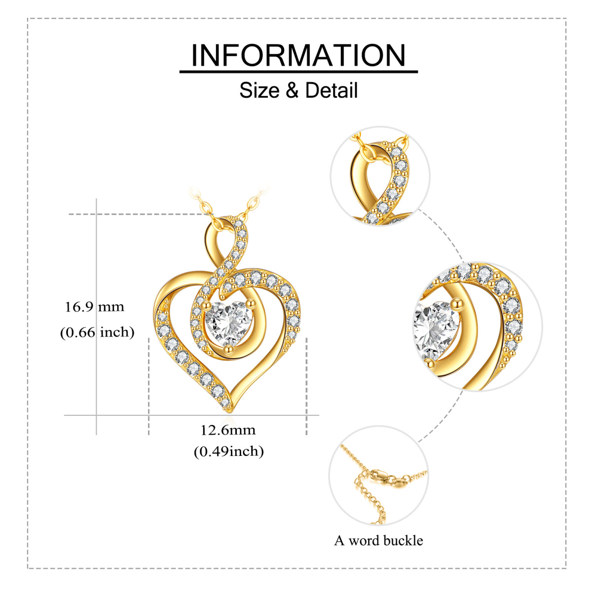 14K Gold Heart Shaped Cubic Zirkonia Herz & Infinity Symbol Anhänger Halskette-6