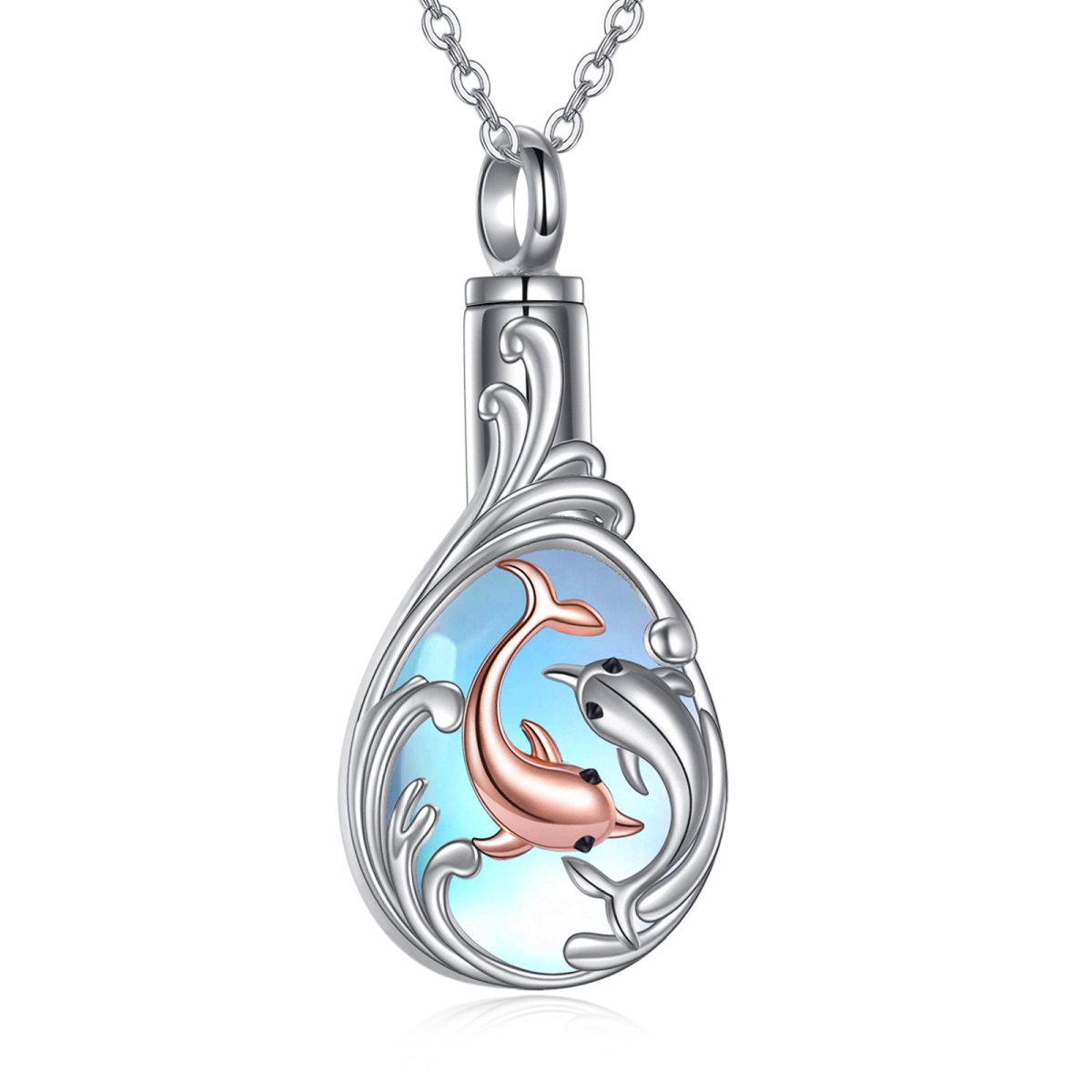 Sterling Silber zweifarbig Mondstein Delphin & Tropfen Form Urne Halskette-1