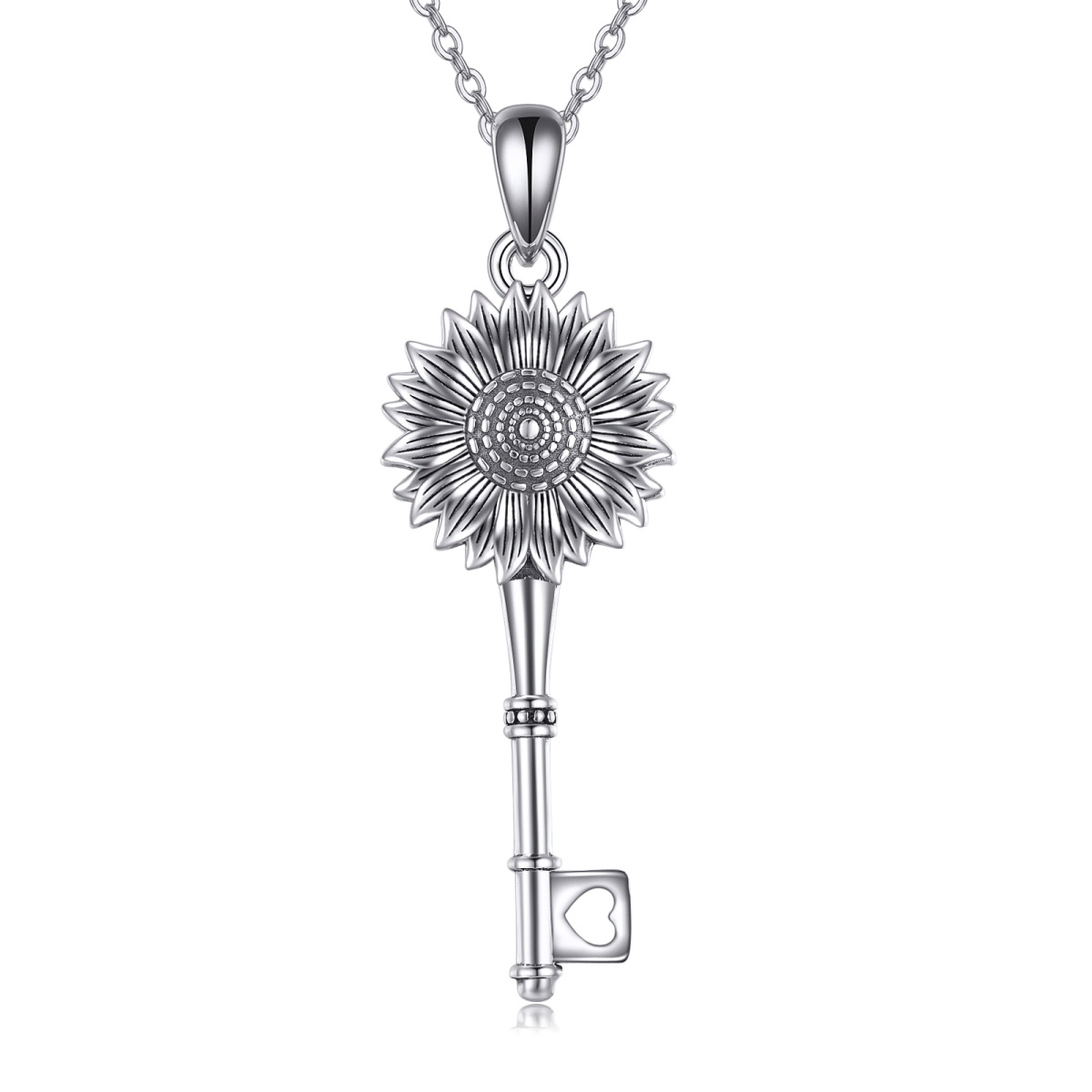 Sterling Silver Sunflower & Key Pendant Necklace-1
