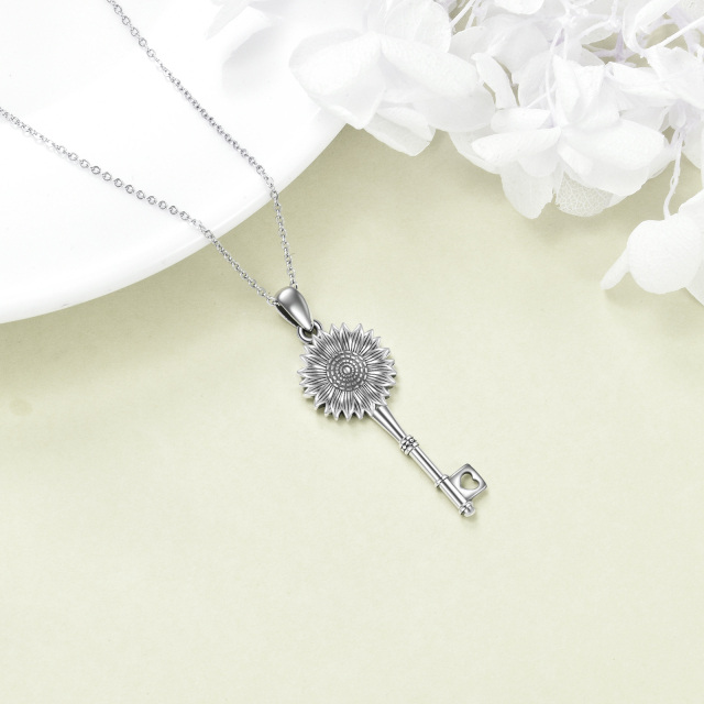 Sterling Silver Sunflower & Key Pendant Necklace-3