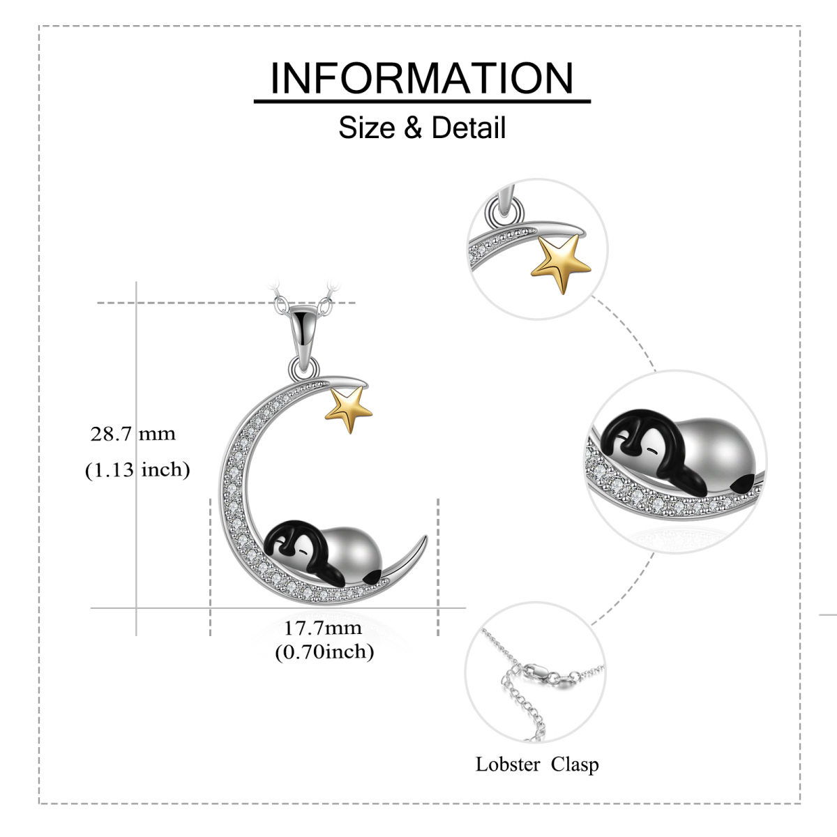 Sterling Silver Two-tone Cubic Zirconia Penguin & Moon Pendant Necklace-6
