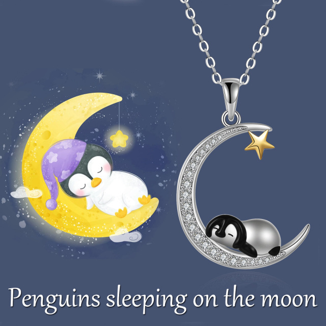 Sterling Silver Two-tone Cubic Zirconia Penguin & Moon Pendant Necklace-3