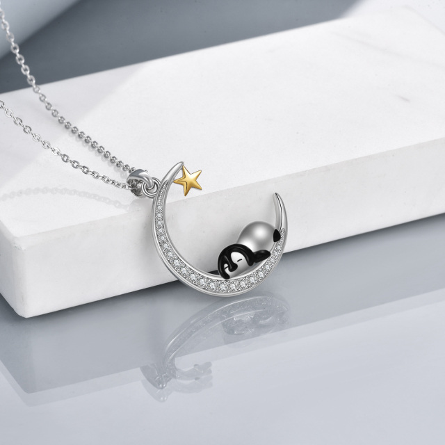 Sterling Silver Two-tone Cubic Zirconia Penguin & Moon Pendant Necklace-5