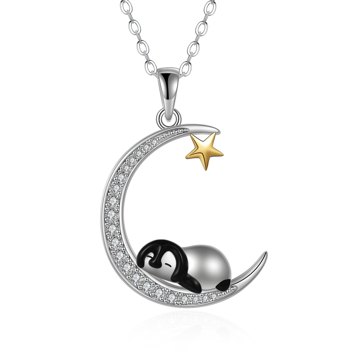 Sterling Silver Two-tone Cubic Zirconia Penguin & Moon Pendant Necklace-1