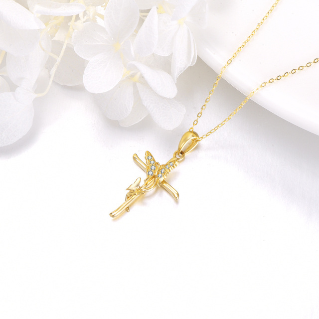14K Gold Zircon Butterfly & Cross Pendant Necklace-3