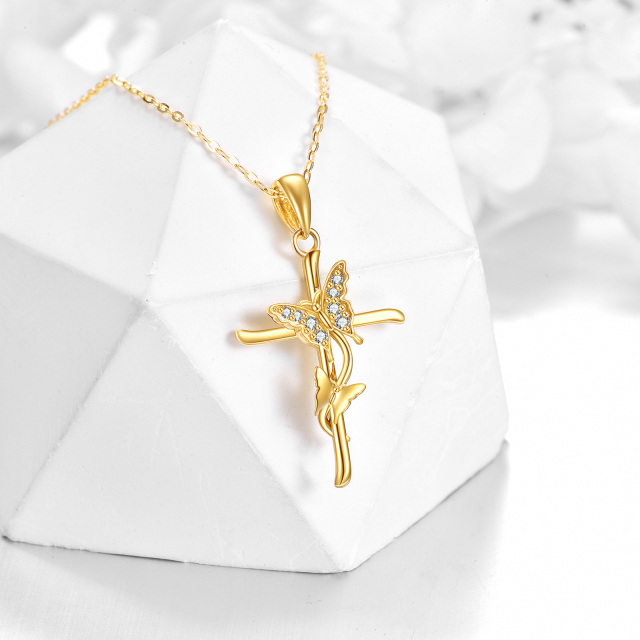 14K Gold Zircon Butterfly & Cross Pendant Necklace-2