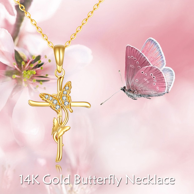 14K Gold Zircon Butterfly & Cross Pendant Necklace-4