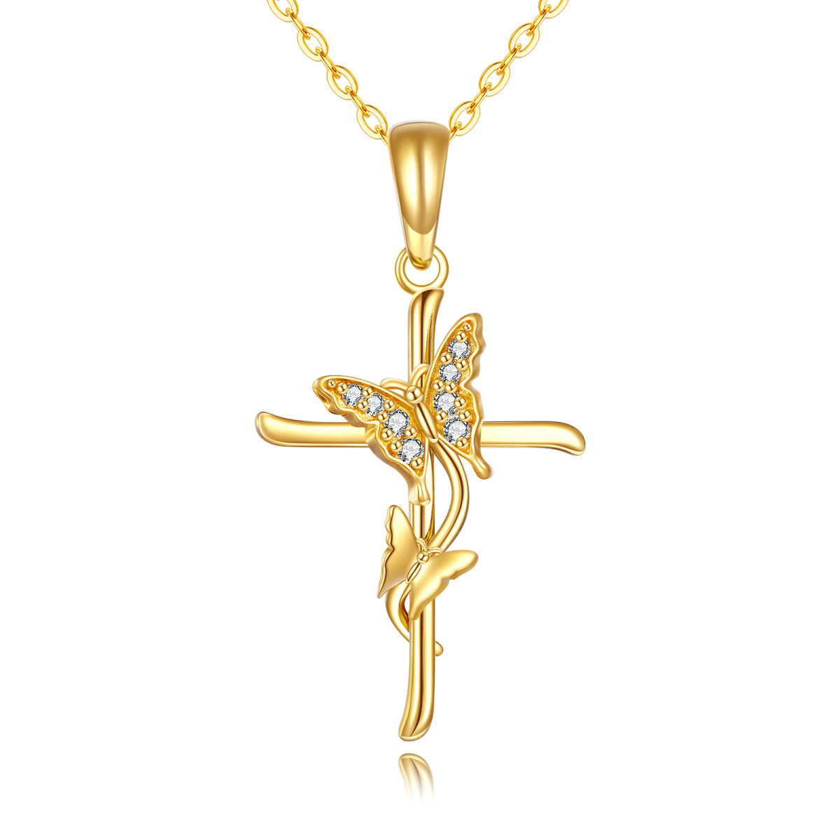14K Gold Zircon Butterfly & Cross Pendant Necklace-1
