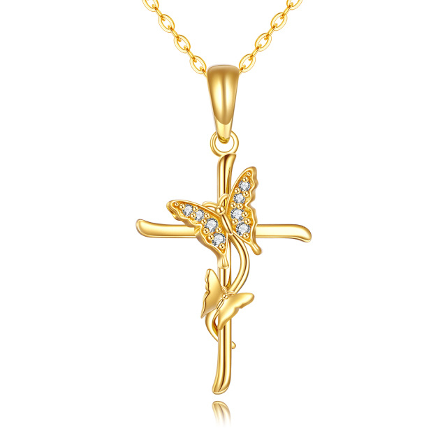 14K Gold Zircon Butterfly & Cross Pendant Necklace-0