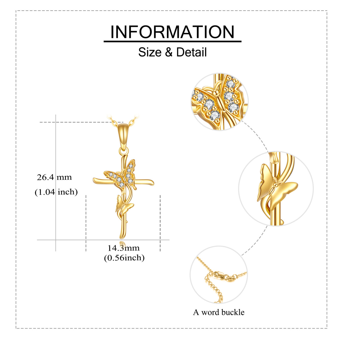 14K Gold Zircon Butterfly & Cross Pendant Necklace-6