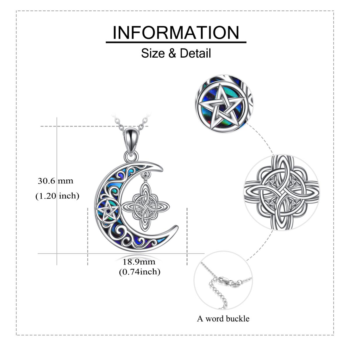 Sterling Silber Abalone Muscheln Hexenknoten & Mond Pentagramm Anhänger Halskette-6