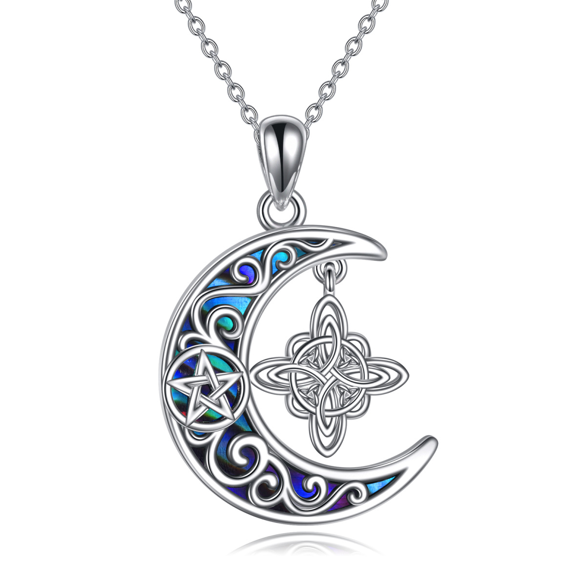 Sterling Silver Abalone Shellfish Witch Knot & Moon Pentacle Pendant Necklace-1