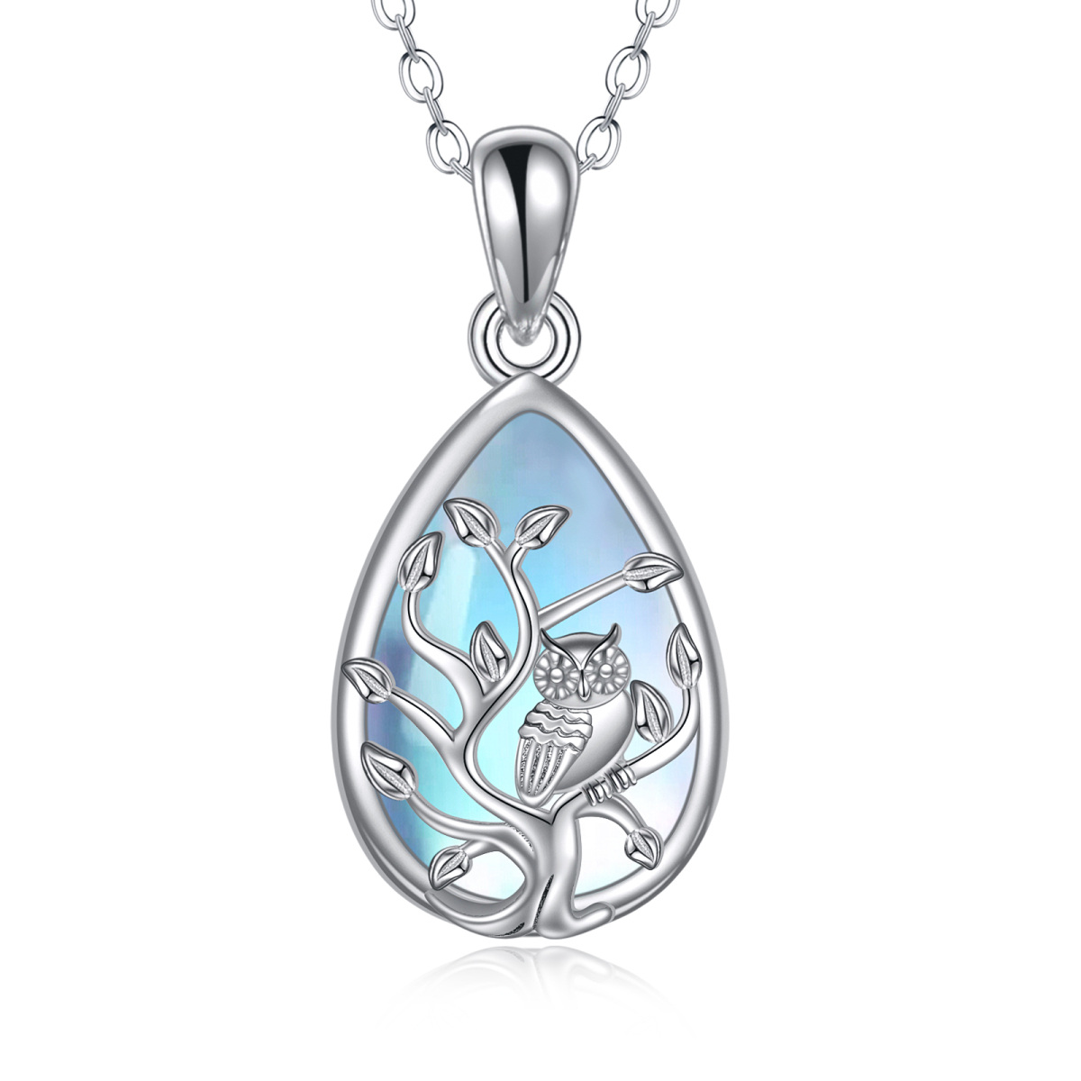 Sterling Silver Moonstone Owl & Tree Of Life & Drop Shape Pendant Necklace-1
