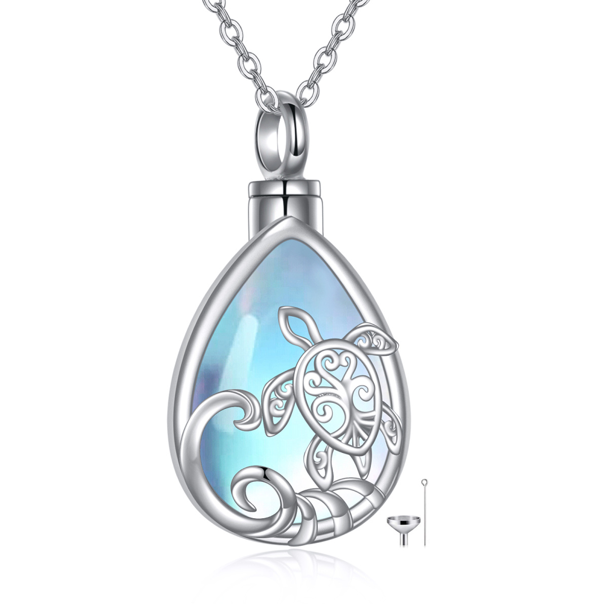 Collar de plata de ley con forma de pera Moonstone Sea Turtle Urn-1