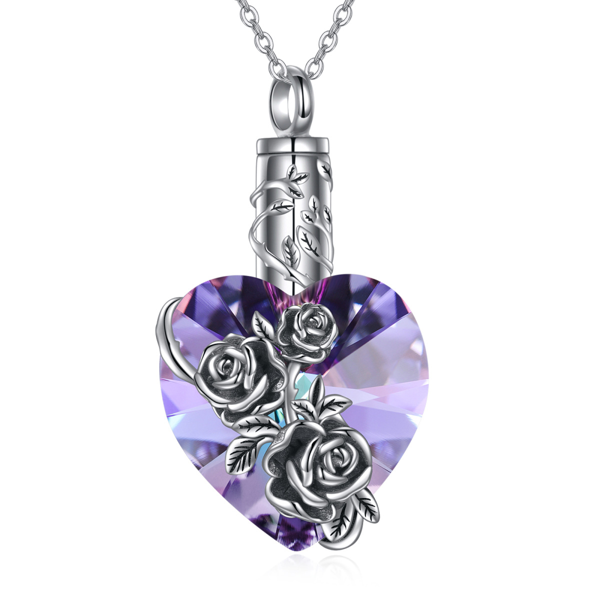 Sterling Silver Heart Shaped Crystal Rose Urn Necklace for Ashes-1