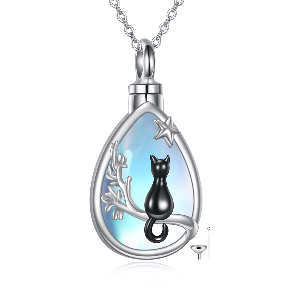 Sterling Silver Two-tone Pear Shaped Moonstone Cat & Drop Shape Urn Necklace for Ashes-1