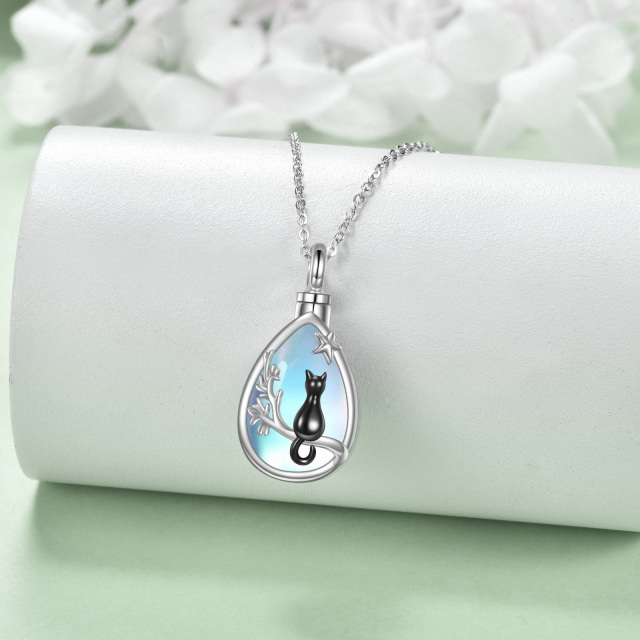 Sterling Silver Two-tone Pear Shaped Moonstone Cat & Drop Shape Urn Necklace for Ashes-2