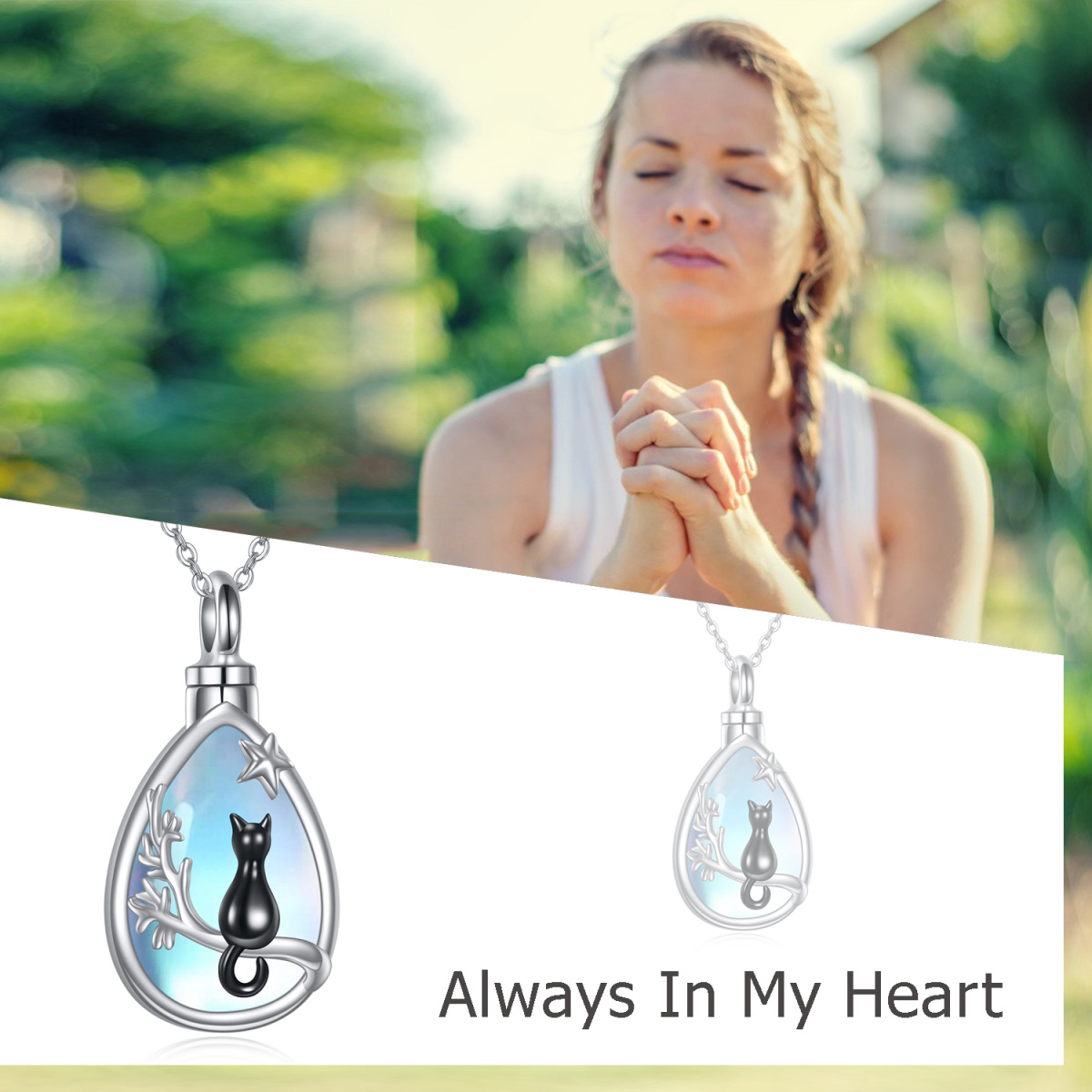 Sterling Silver Two-tone Pear Shaped Moonstone Cat & Drop Shape Urn Necklace for Ashes-6