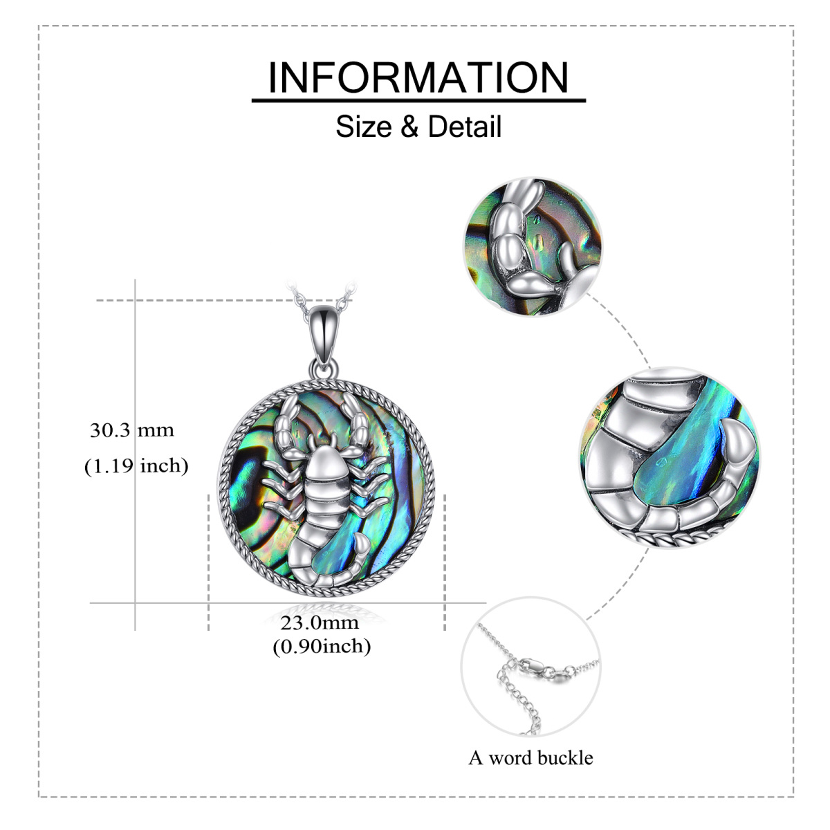 Sterling Silver Round Abalone Shellfish Scorpio Pendant Necklace-6