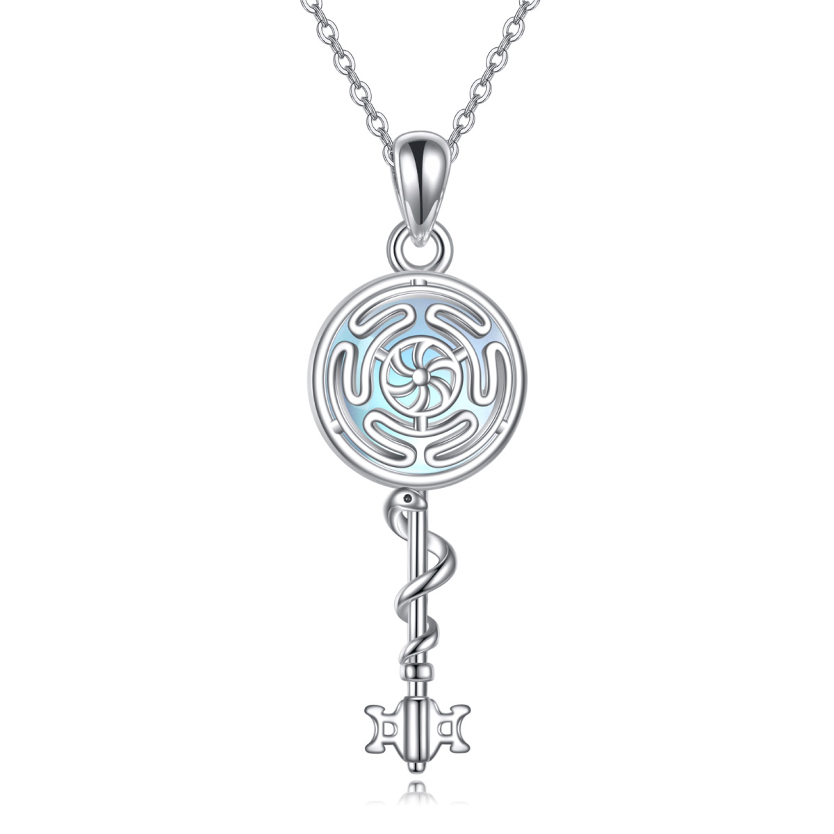 Sterling Silver Circular Shaped Moonstone Snake & Key Pendant Necklace-1