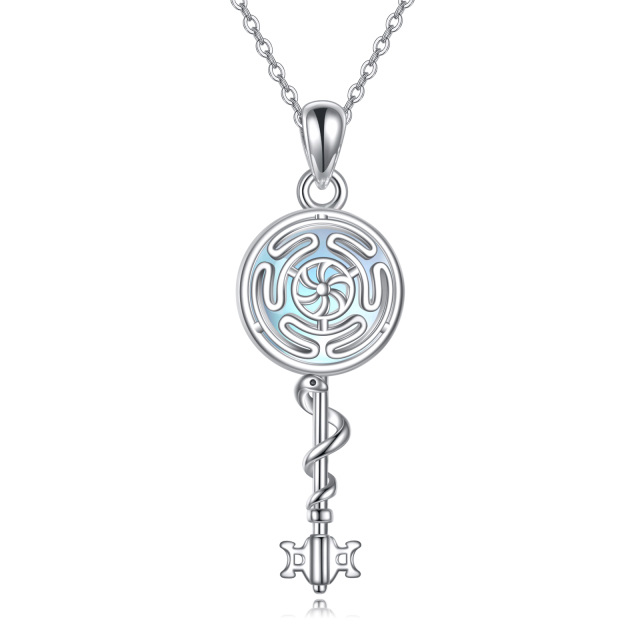 Sterling Silver Circular Shaped Moonstone Snake & Key Pendant Necklace-0
